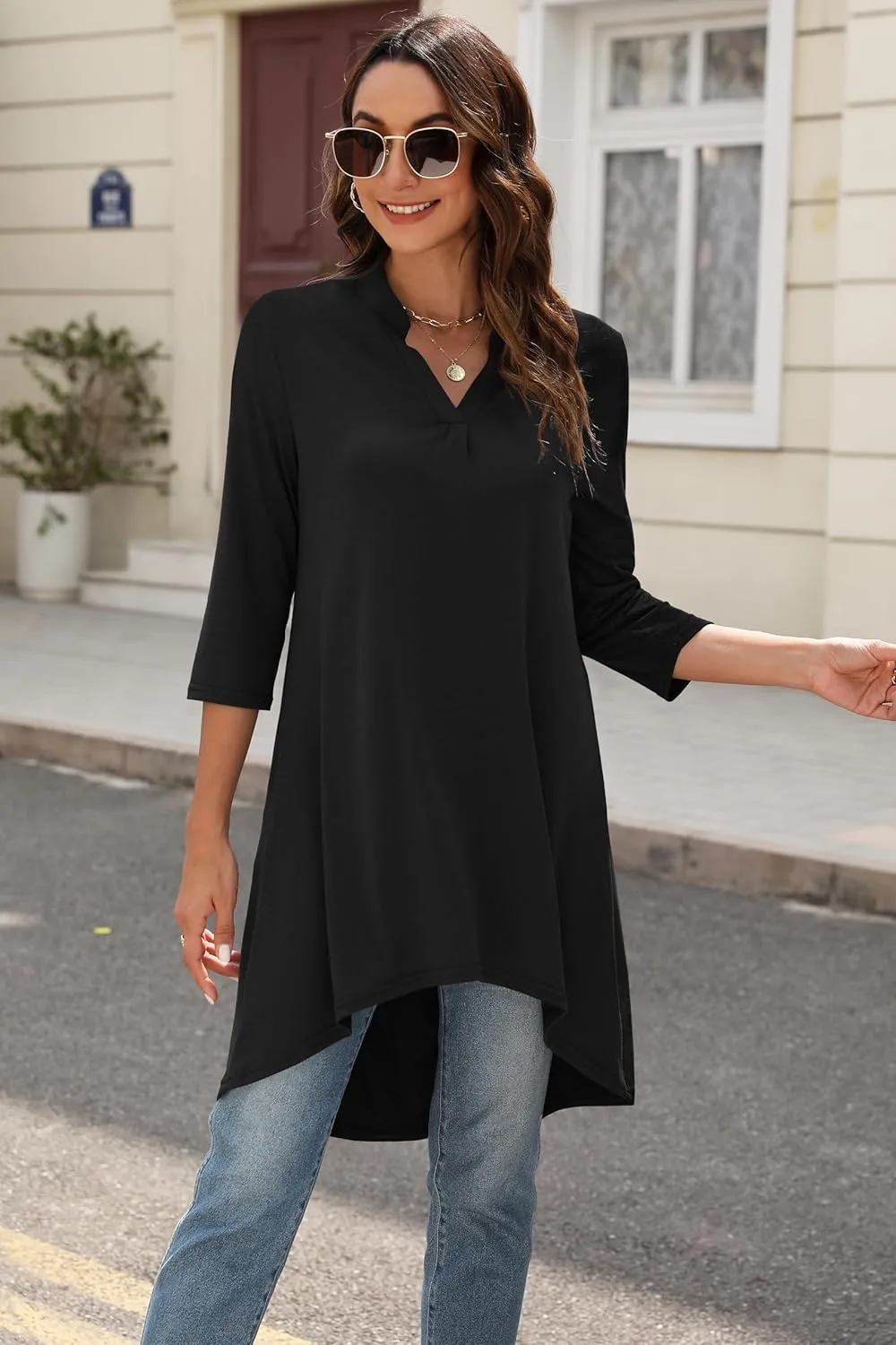 Naggoo Women's 3/4 Sleeve Notch V Neck High Low Loose Fit Long Tunic Tops Shirts Blouses M-3XL