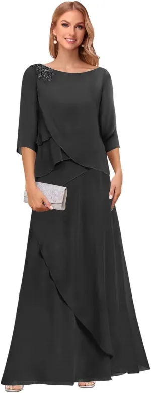 Noras dress Tiered Mother of The Bride Dresses for Wedding with Sleeves Long Formal Evening Dress NO294