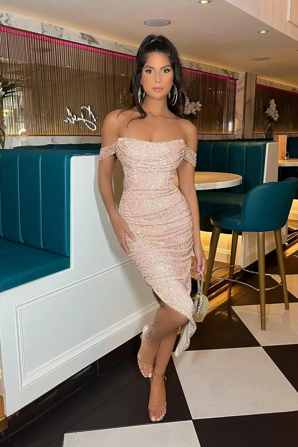 Off The Shoulder Prom Dresses Mermaid for Women 2025 Saprkly Sequin Pleated Formal Midi Gowns