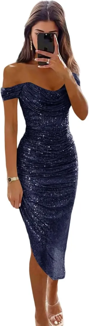 Off The Shoulder Prom Dresses Mermaid for Women 2025 Saprkly Sequin Pleated Formal Midi Gowns