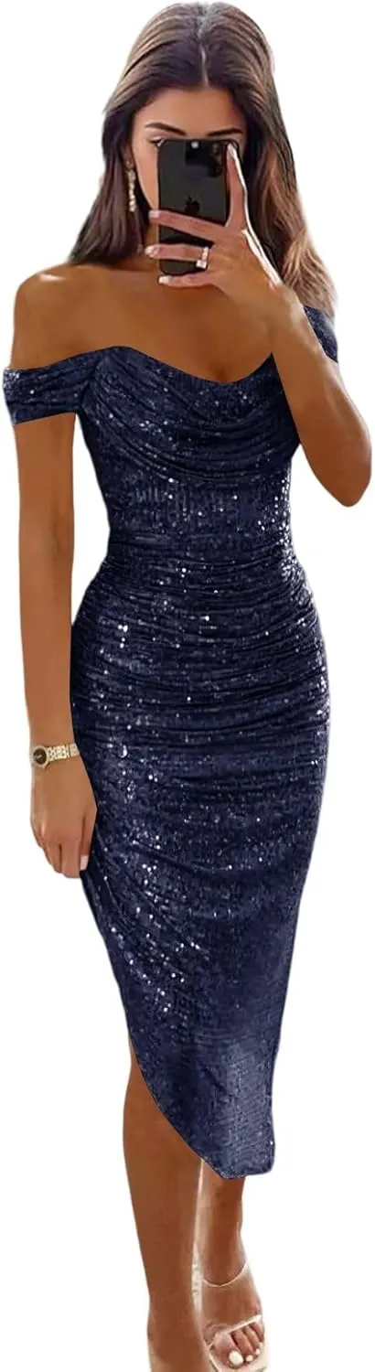 Off The Shoulder Prom Dresses Mermaid for Women 2025 Saprkly Sequin Pleated Formal Midi Gowns