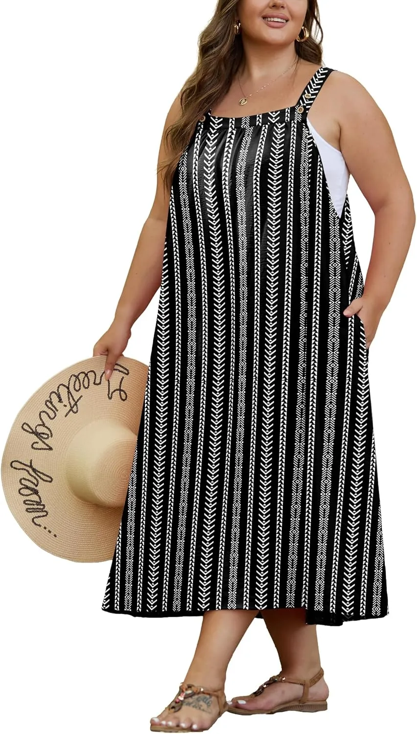 OLRIK Plus Size Casual Summer Dresses for Women Loose Fit A-Line Flowy Midi Dress with Pockets
