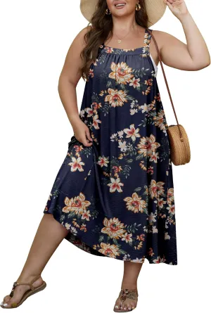 OLRIK Plus Size Casual Summer Dresses for Women Loose Fit A-Line Flowy Midi Dress with Pockets