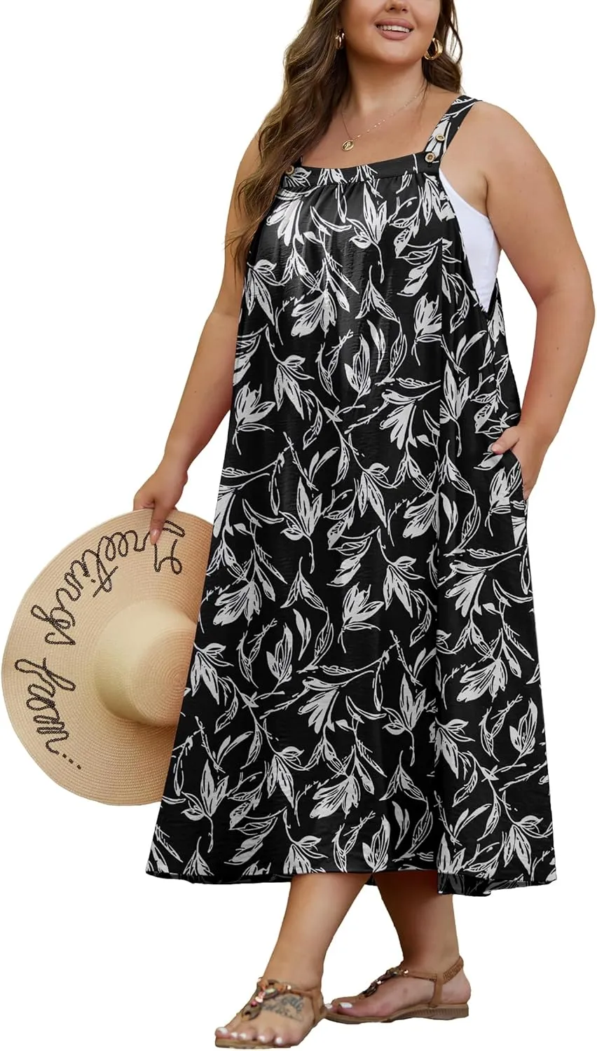 OLRIK Plus Size Casual Summer Dresses for Women Loose Fit A-Line Flowy Midi Dress with Pockets