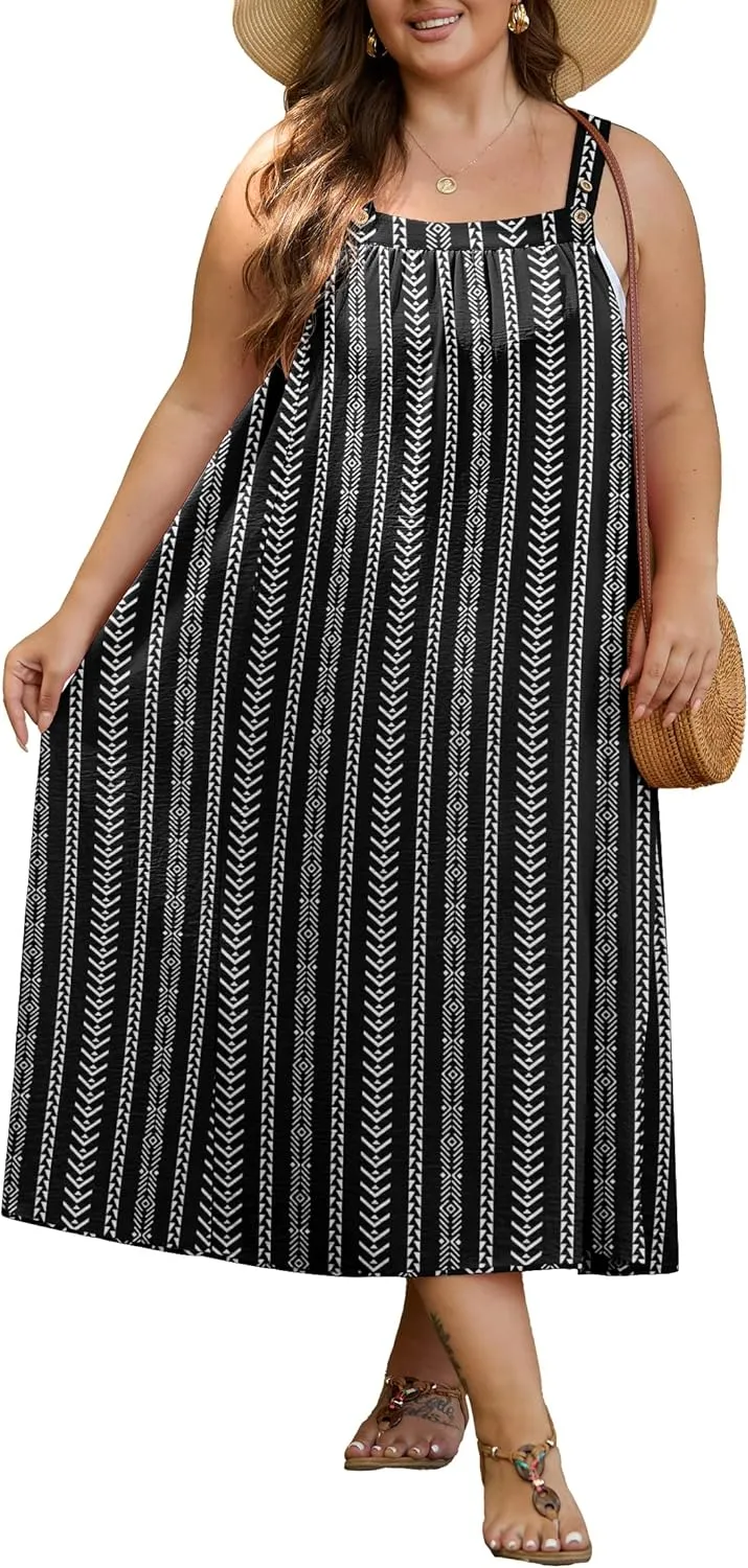 OLRIK Plus Size Casual Summer Dresses for Women Loose Fit A-Line Flowy Midi Dress with Pockets