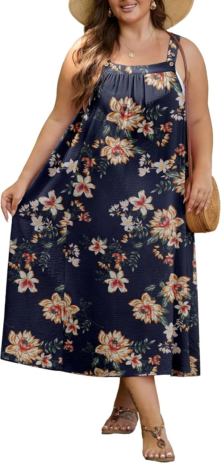 OLRIK Plus Size Casual Summer Dresses for Women Loose Fit A-Line Flowy Midi Dress with Pockets