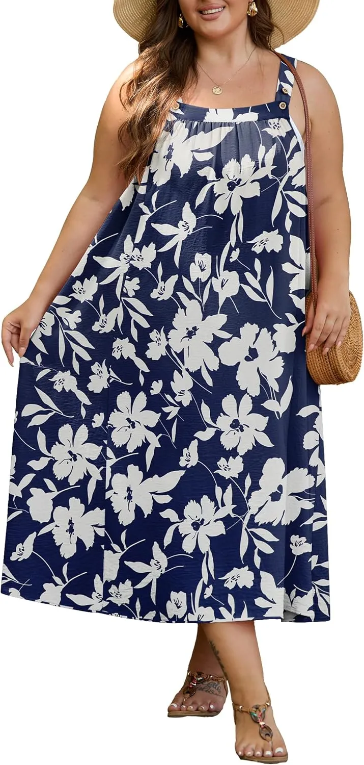 OLRIK Plus Size Casual Summer Dresses for Women Loose Fit A-Line Flowy Midi Dress with Pockets