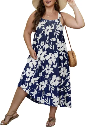 OLRIK Plus Size Casual Summer Dresses for Women Loose Fit A-Line Flowy Midi Dress with Pockets