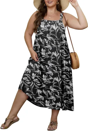 OLRIK Plus Size Casual Summer Dresses for Women Loose Fit A-Line Flowy Midi Dress with Pockets