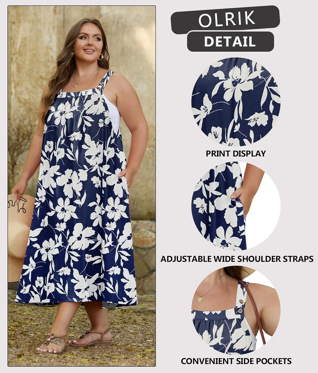 OLRIK Plus Size Casual Summer Dresses for Women Loose Fit A-Line Flowy Midi Dress with Pockets