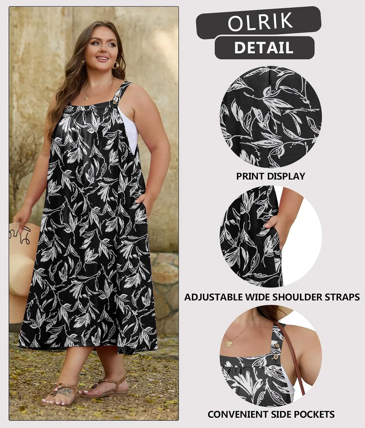 OLRIK Plus Size Casual Summer Dresses for Women Loose Fit A-Line Flowy Midi Dress with Pockets