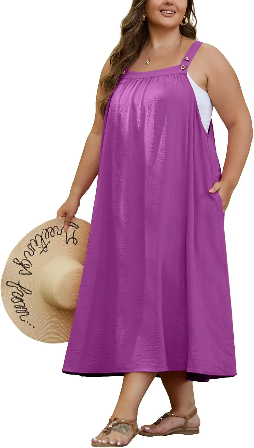 OLRIK Plus Size Casual Summer Dresses for Women Loose Fit A-Line Flowy Midi Dress with Pockets