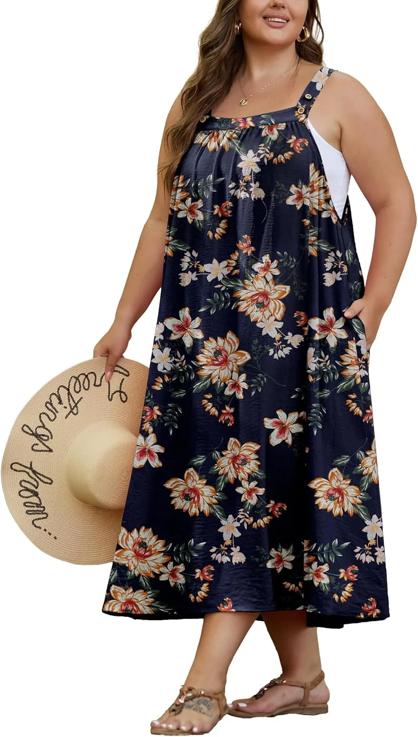 OLRIK Plus Size Casual Summer Dresses for Women Loose Fit A-Line Flowy Midi Dress with Pockets