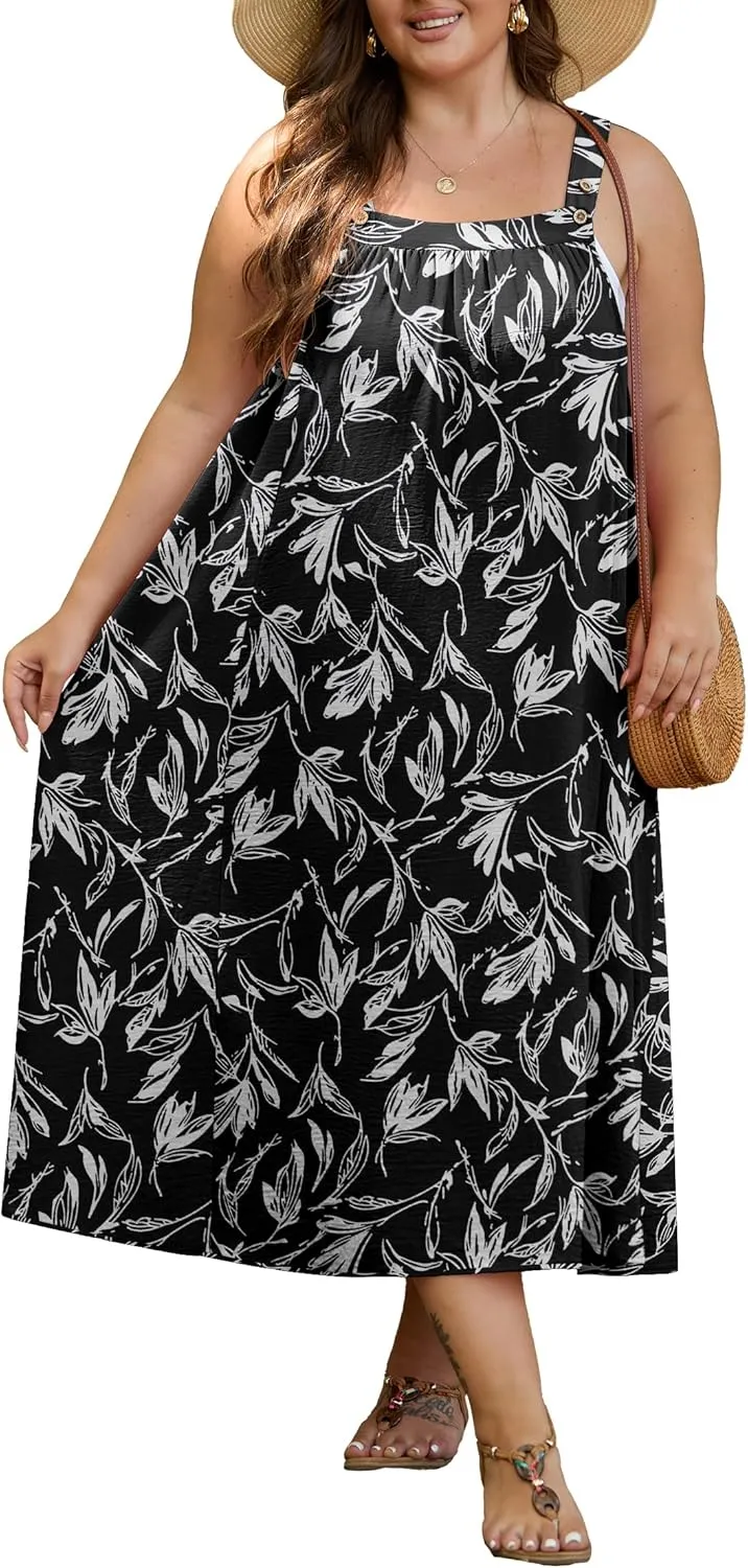 OLRIK Plus Size Casual Summer Dresses for Women Loose Fit A-Line Flowy Midi Dress with Pockets