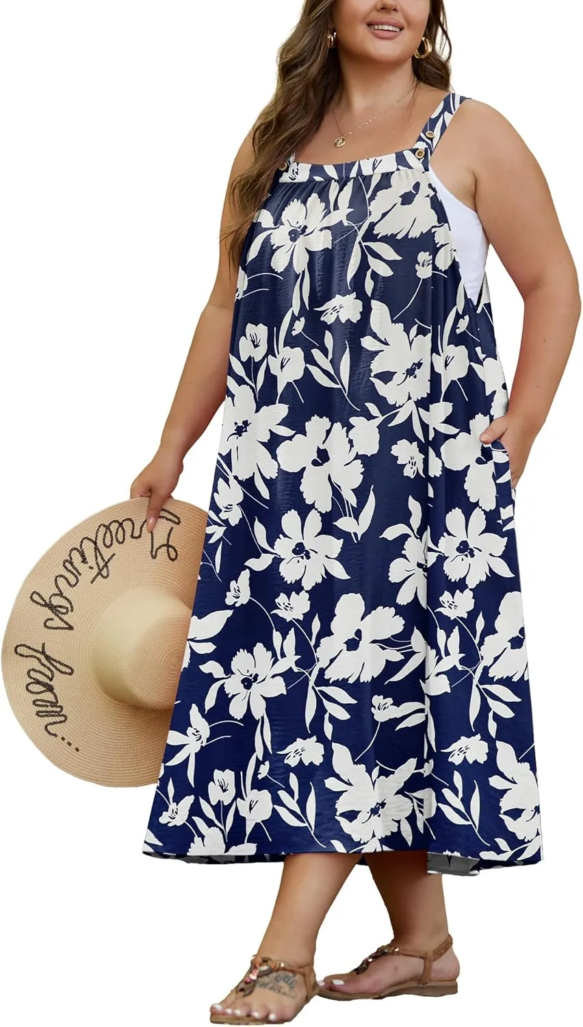 OLRIK Plus Size Casual Summer Dresses for Women Loose Fit A-Line Flowy Midi Dress with Pockets