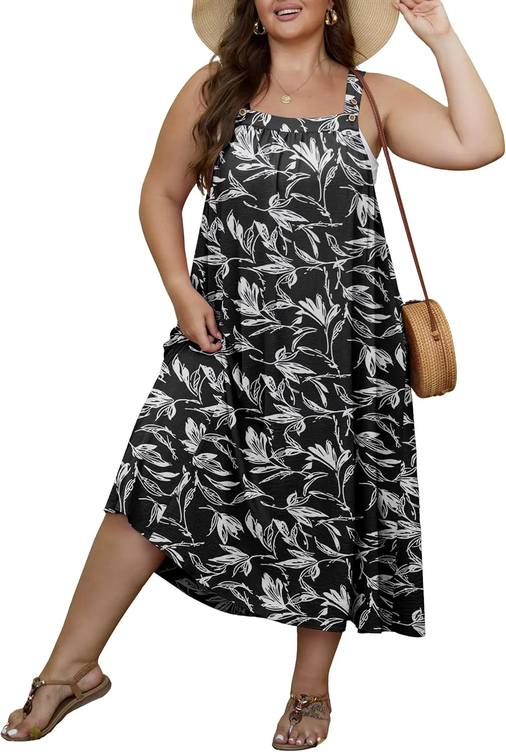 OLRIK Plus Size Casual Summer Dresses for Women Loose Fit A-Line Flowy Midi Dress with Pockets