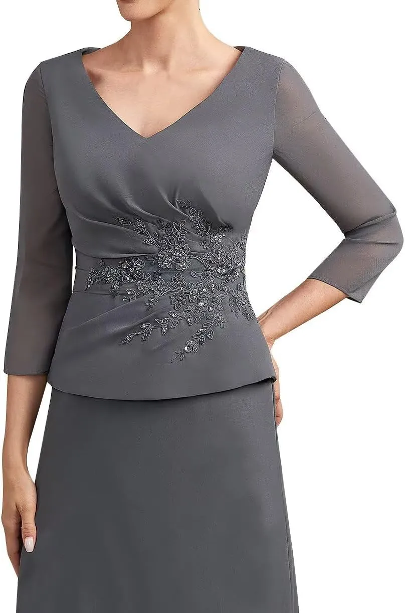 One Piece 3/4 Long Sleeve Formal Outfits for Women Tea Length Mother of The Bride Dresses for Wedding
