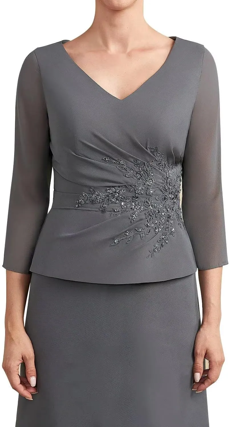 One Piece 3/4 Long Sleeve Formal Outfits for Women Tea Length Mother of The Bride Dresses for Wedding