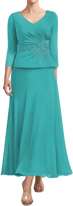 One Piece 3/4 Long Sleeve Formal Outfits for Women Tea Length Mother of The Bride Dresses for Wedding