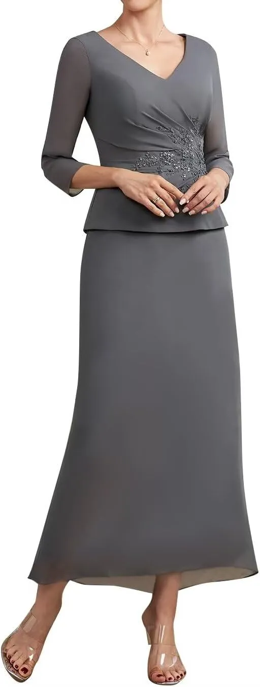 One Piece 3/4 Long Sleeve Formal Outfits for Women Tea Length Mother of The Bride Dresses for Wedding
