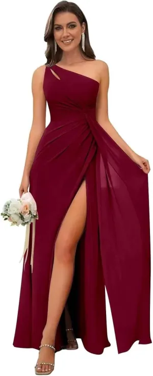 One Shoulder Bridesmaid Dresses for Women Ruched Chiffon A Line Evening Formal Gown with Slit