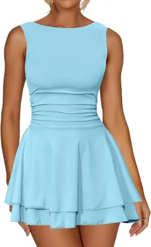 oten Women's Sleeveless Ruched Waist Tiered Flowy Ruffle Hem Mini Party Club Short Dresses