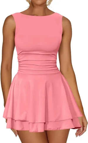 oten Women's Sleeveless Ruched Waist Tiered Flowy Ruffle Hem Mini Party Club Short Dresses