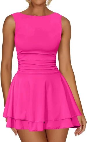 oten Women's Sleeveless Ruched Waist Tiered Flowy Ruffle Hem Mini Party Club Short Dresses