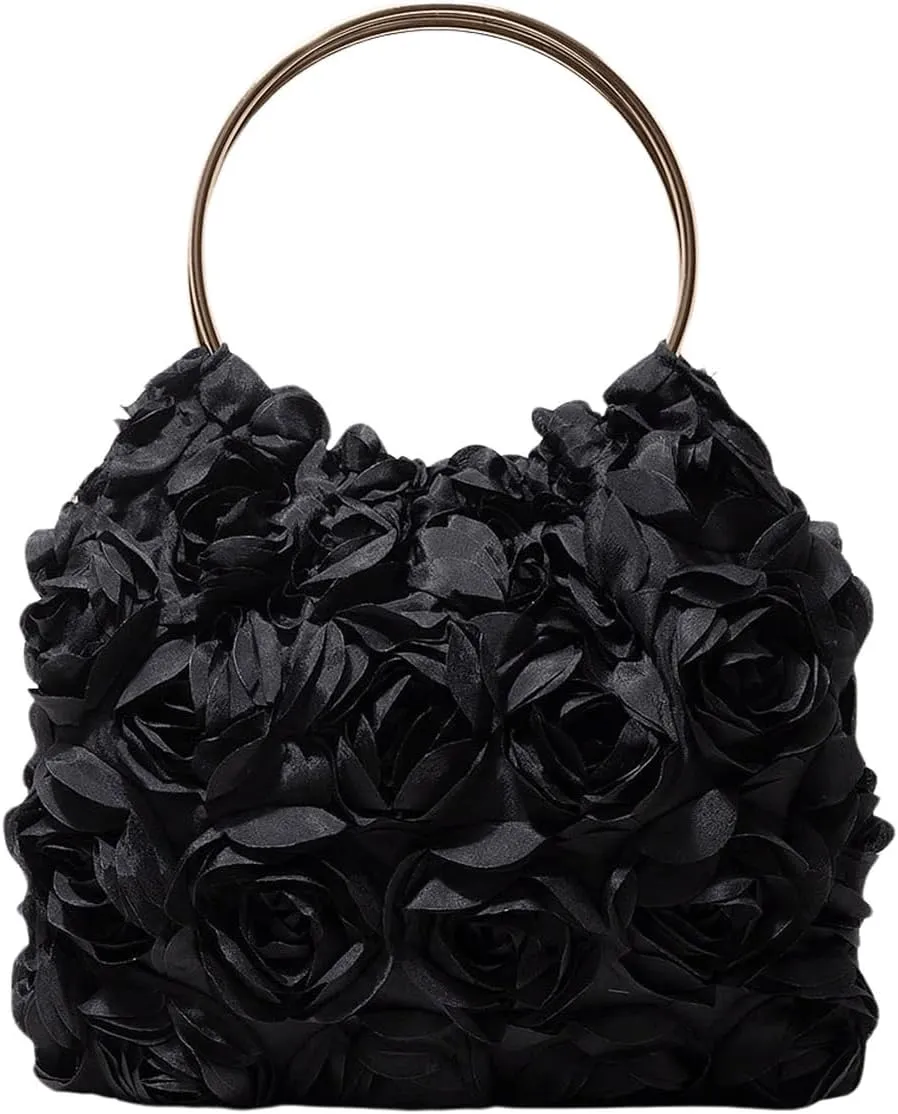 OYOANGLE Women's Floral Clutch Purses Metallic Top Handle Small Flower Evening Bags Prom Handbags