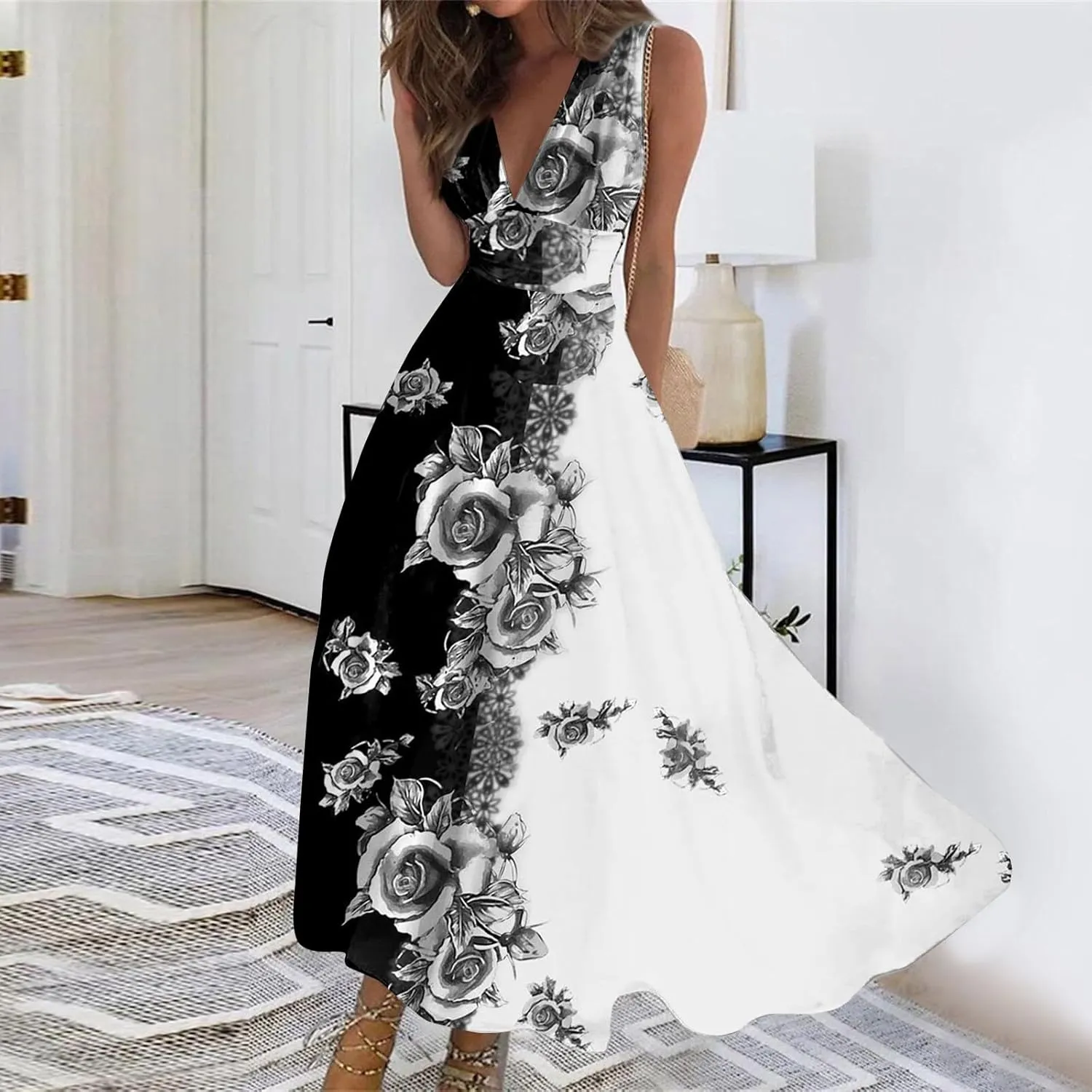 Palaver Summer Dresses for Women 2025 Elegant Wrap V Neck Sleeveless Maxi Dress Casual Print Flowy Beach Sundresses