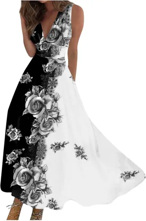 Palaver Summer Dresses for Women 2025 Elegant Wrap V Neck Sleeveless Maxi Dress Casual Print Flowy Beach Sundresses
