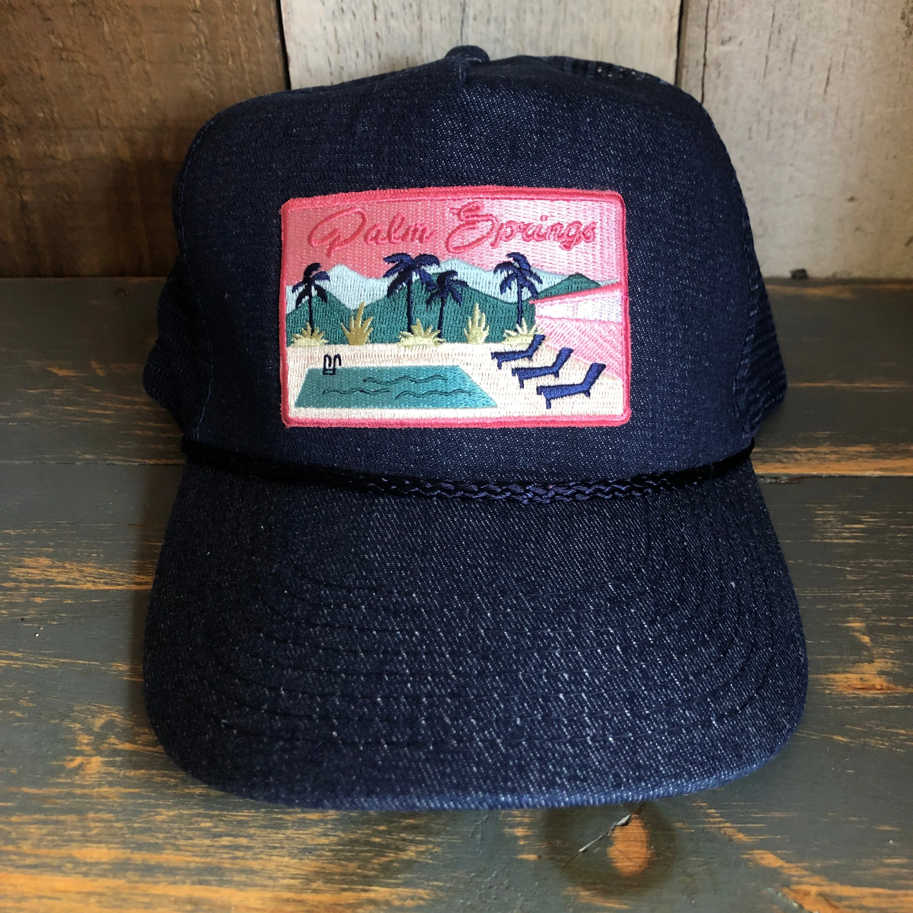 PALM SPRINGS, CALIFORNIA 5 panel Denim Mesh Back Cap - Navy