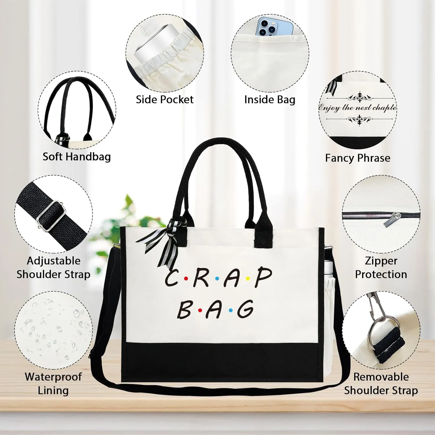 Phrase Canvas Beach Bag,Zipper and Slide Pockets,Stylish Canvas Bag Shoulder Strap and Bottom Support, Office Handbag