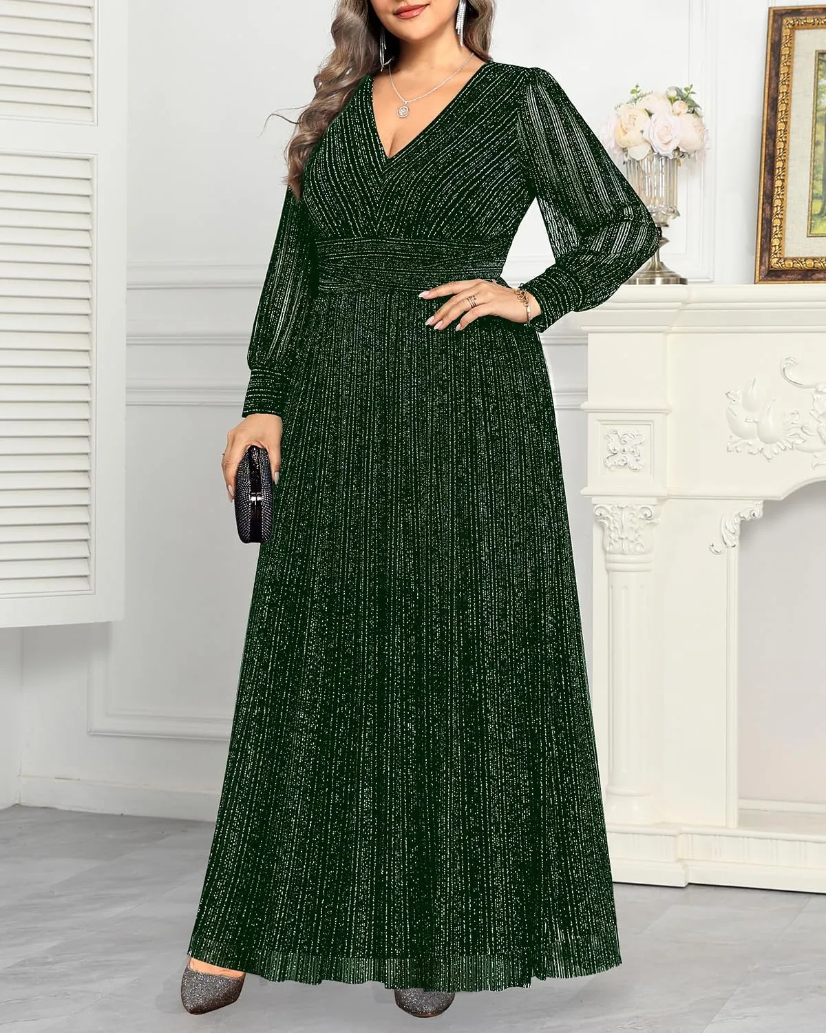 Pinup Fashion Women Plus Size Formal Dresses - Evening Gowns Long Sleeve Wedding Guest Glitter Prom Long Dress