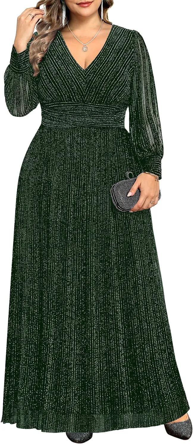 Pinup Fashion Women Plus Size Formal Dresses - Evening Gowns Long Sleeve Wedding Guest Glitter Prom Long Dress