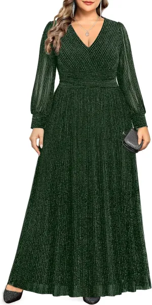 Pinup Fashion Women Plus Size Formal Dresses - Evening Gowns Long Sleeve Wedding Guest Glitter Prom Long Dress