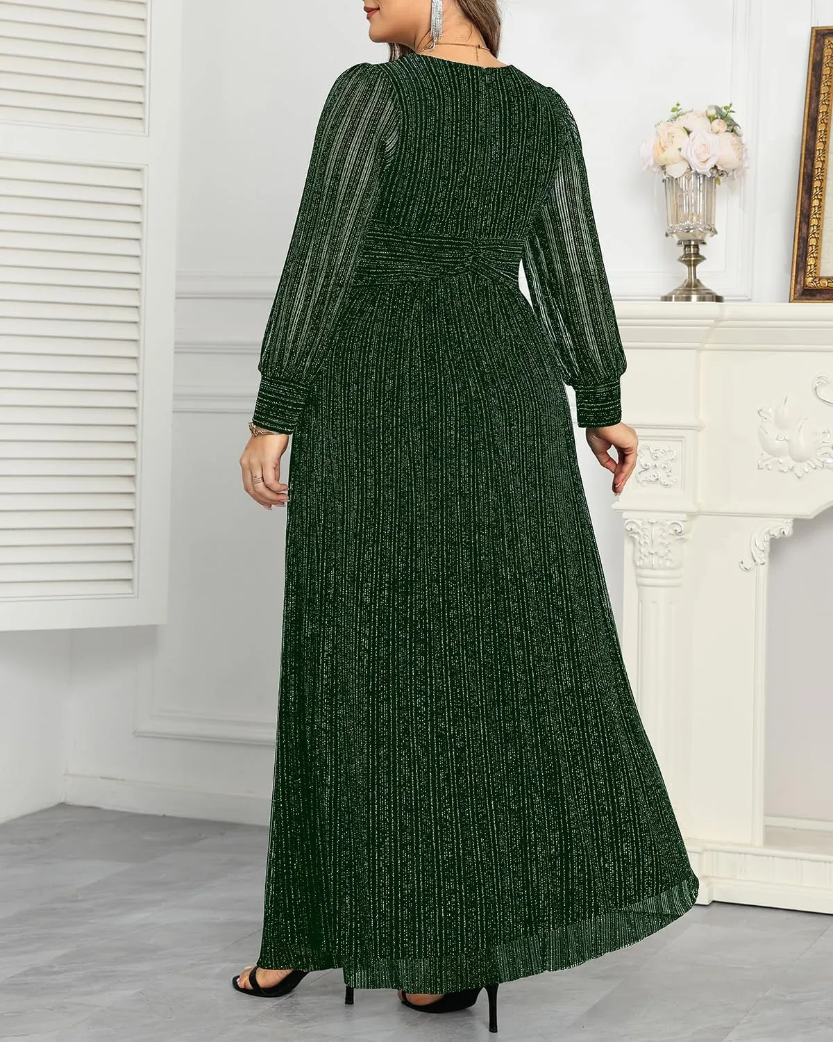 Pinup Fashion Women Plus Size Formal Dresses - Evening Gowns Long Sleeve Wedding Guest Glitter Prom Long Dress