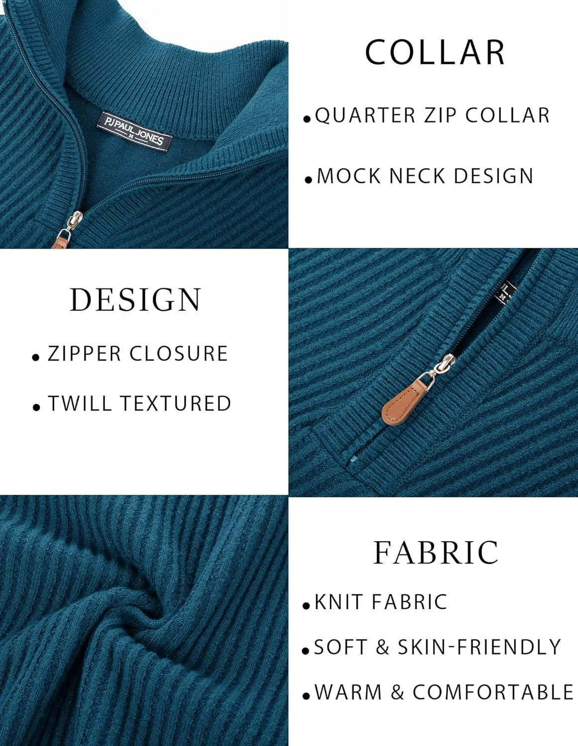 PJ PAUL JONES Mens Quarter Zip Pullover Sweaters Casual Slim Fit Knit Texture Sweater