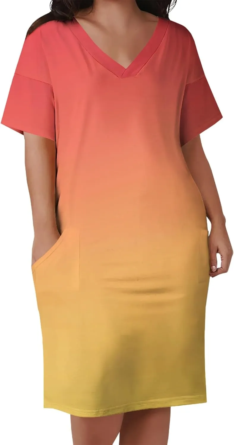 Plus Size Printed Tie-Dye Short Skirt for Curvy Women V Neck Bohemian Style Printed Short Skirt Short Sleeves Pockets