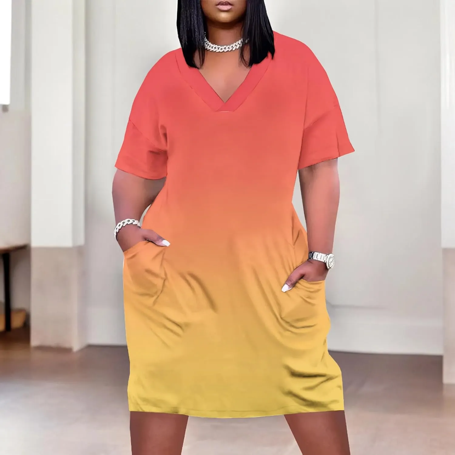Plus Size Printed Tie-Dye Short Skirt for Curvy Women V Neck Bohemian Style Printed Short Skirt Short Sleeves Pockets