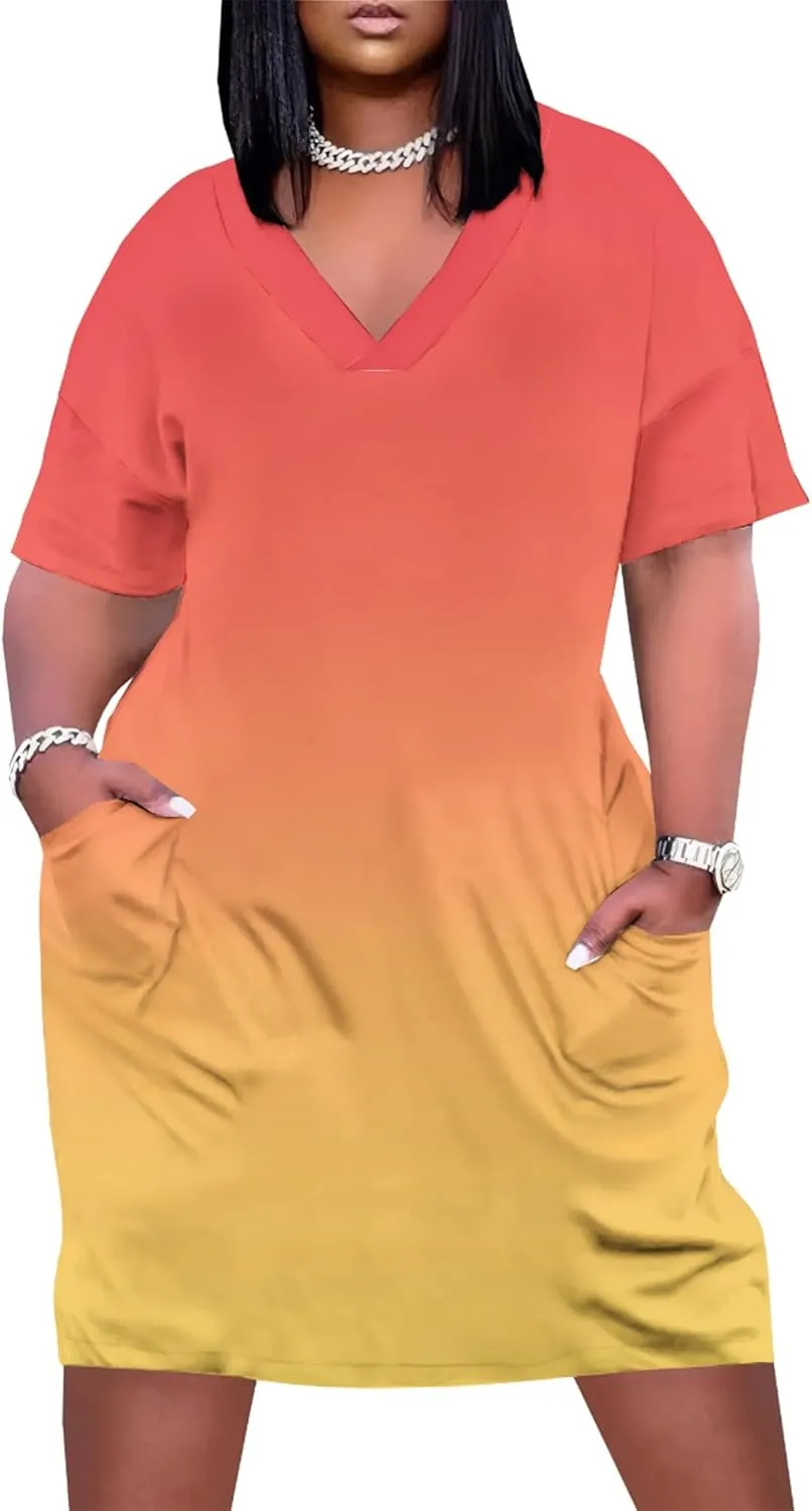 Plus Size Printed Tie-Dye Short Skirt for Curvy Women V Neck Bohemian Style Printed Short Skirt Short Sleeves Pockets