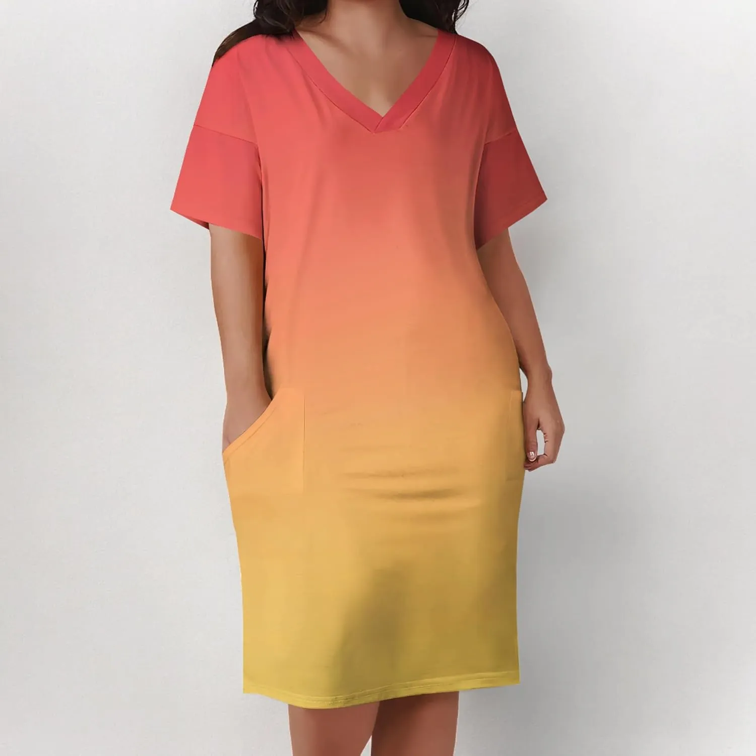 Plus Size Printed Tie-Dye Short Skirt for Curvy Women V Neck Bohemian Style Printed Short Skirt Short Sleeves Pockets