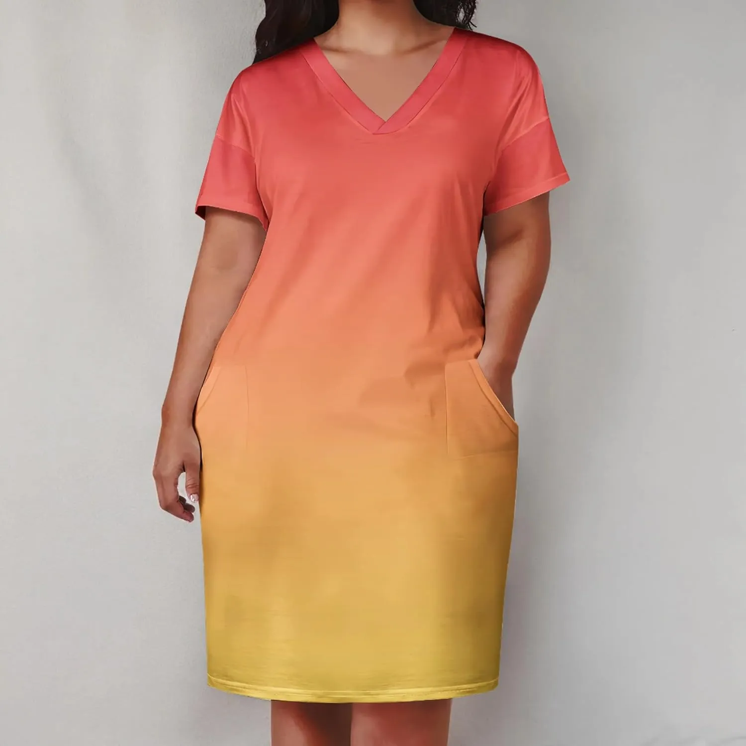 Plus Size Printed Tie-Dye Short Skirt for Curvy Women V Neck Bohemian Style Printed Short Skirt Short Sleeves Pockets