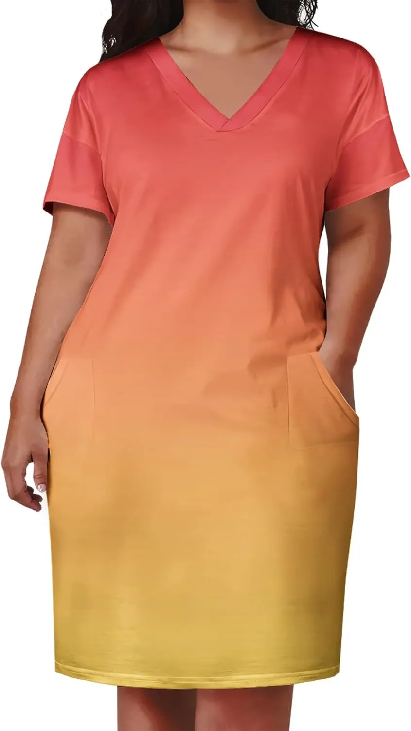 Plus Size Printed Tie-Dye Short Skirt for Curvy Women V Neck Bohemian Style Printed Short Skirt Short Sleeves Pockets