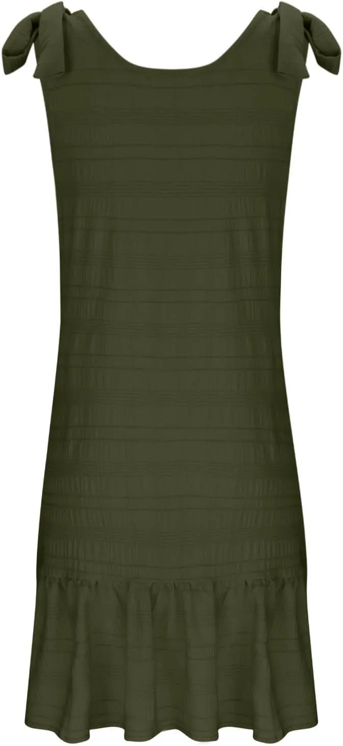 Plus Size Textured Mini Dresses for Women Casual Bowknot Strap Sleevevless Button Decor Ruffle Hem Tank Beach Sundress