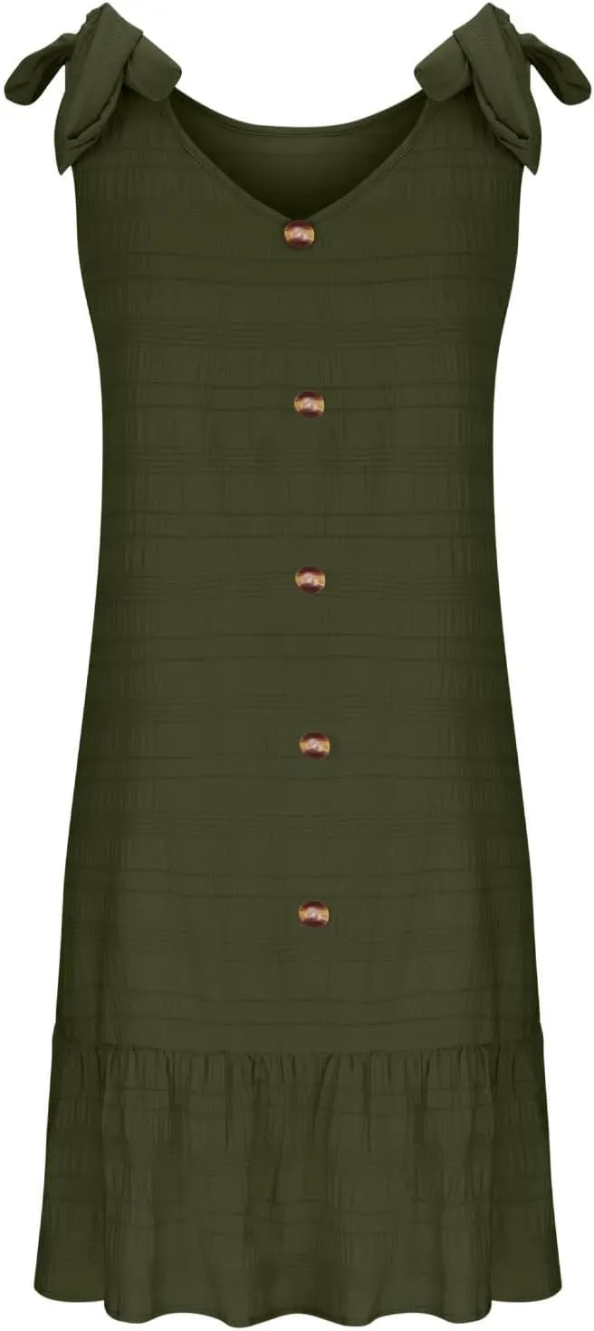 Plus Size Textured Mini Dresses for Women Casual Bowknot Strap Sleevevless Button Decor Ruffle Hem Tank Beach Sundress