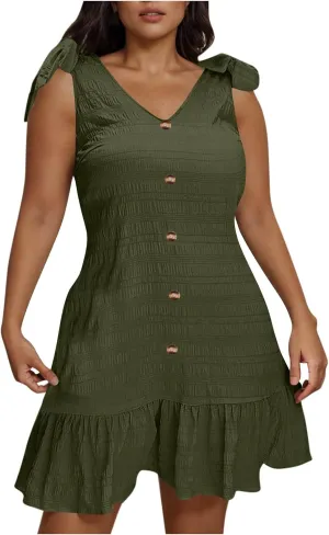 Plus Size Textured Mini Dresses for Women Casual Bowknot Strap Sleevevless Button Decor Ruffle Hem Tank Beach Sundress