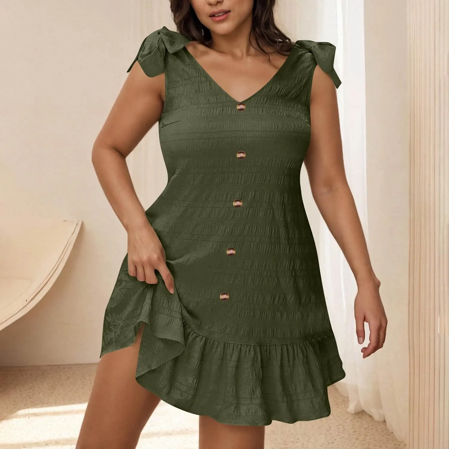 Plus Size Textured Mini Dresses for Women Casual Bowknot Strap Sleevevless Button Decor Ruffle Hem Tank Beach Sundress