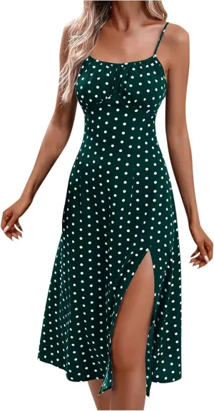 Polka Dot Dress for Women Spaghetti Strap Sleeveless Summer Cocktail Dress Casual Side Split Midi Dresses Beach Sundress