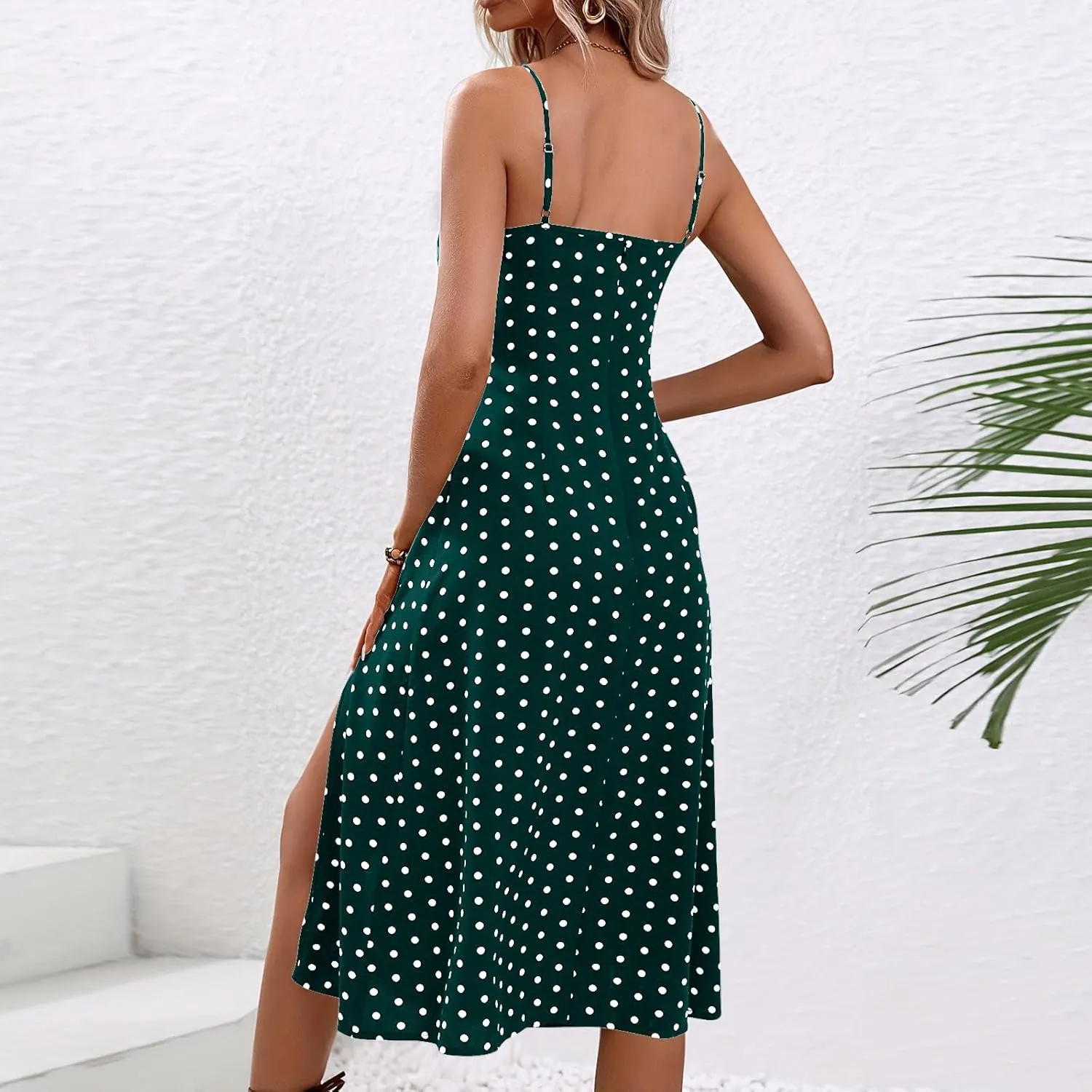 Polka Dot Dress for Women Spaghetti Strap Sleeveless Summer Cocktail Dress Casual Side Split Midi Dresses Beach Sundress